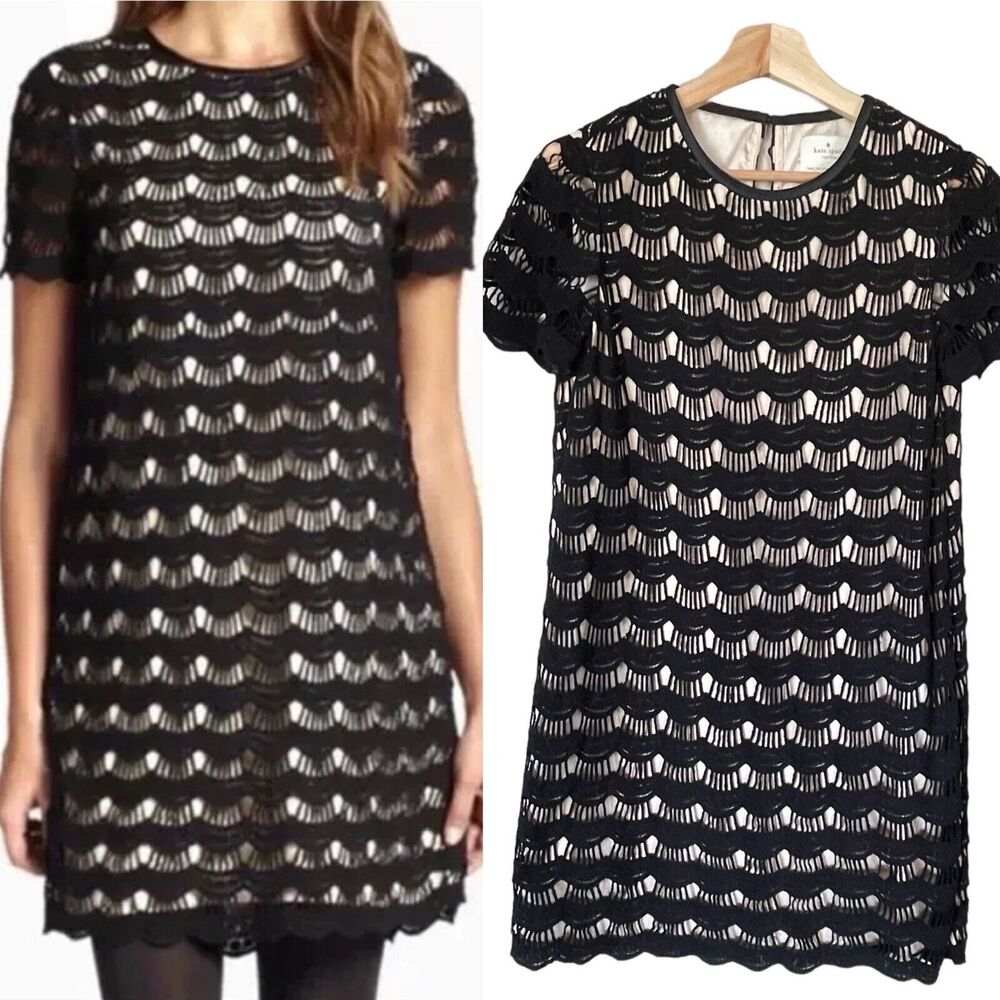 Kate Spade VIRGINIA Shift Dress Scalloped Crochet Black Nude WOMENS SIZE 2